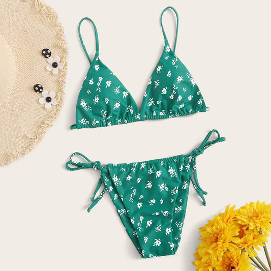 Angela Women's Clothing L / Green Floral Triangle Tie Side Bikini Swimsuit
