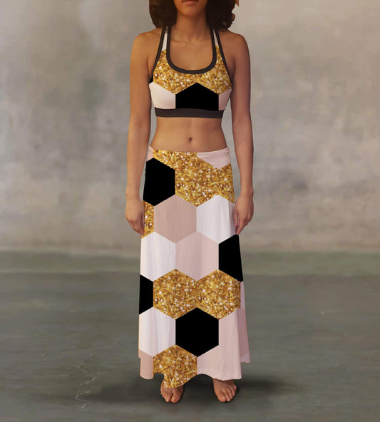 Orange Poppy Women's Clothing Geometric Wrapping Paper Maxi Skirt