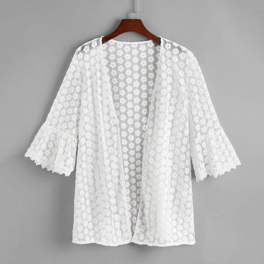 Angela Women's Clothing Guipure Lace Cuff Floral Embroidery Mesh Kimono