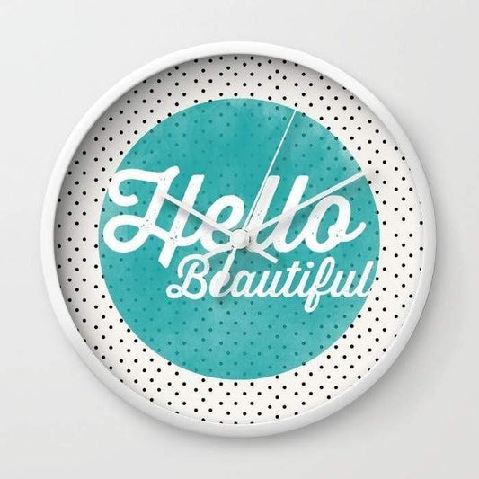 Scorpius Clocks Hello Beautiful Teal Dots typography Wall clock