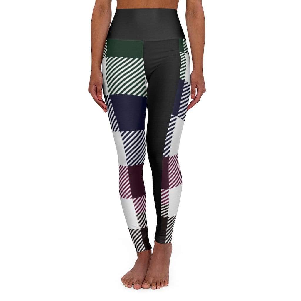 Grey Coco Activewear High Waist Fitness Leggings, Black Multicolor Plaid Print
