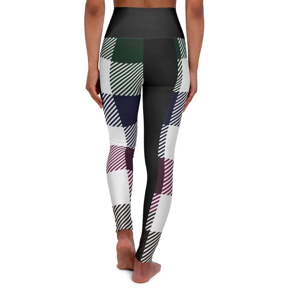 Grey Coco Activewear High Waist Fitness Leggings, Black Multicolor Plaid Print