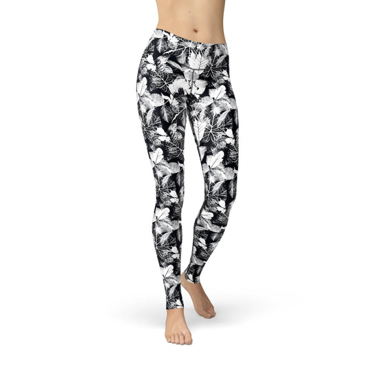 Orange Poppy Leggings Jean Black White Leaves Leggings