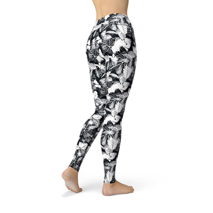 Orange Poppy Leggings Jean Black White Leaves Leggings