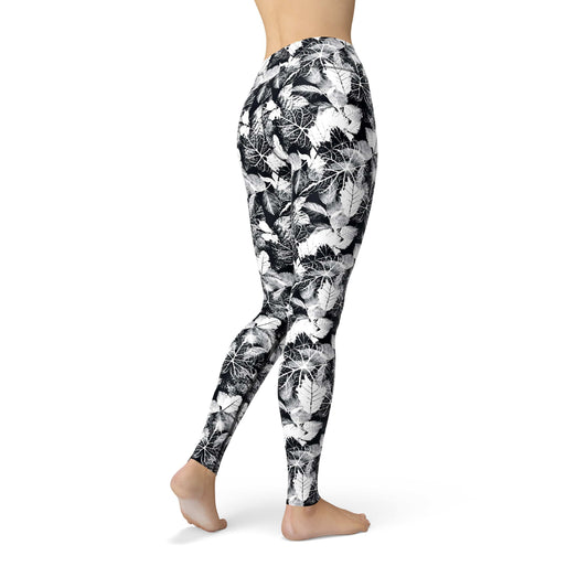 Orange Poppy Leggings Jean Black White Leaves Leggings
