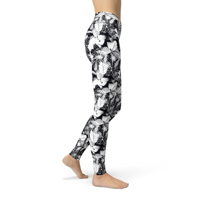 Orange Poppy Leggings Jean Black White Leaves Leggings