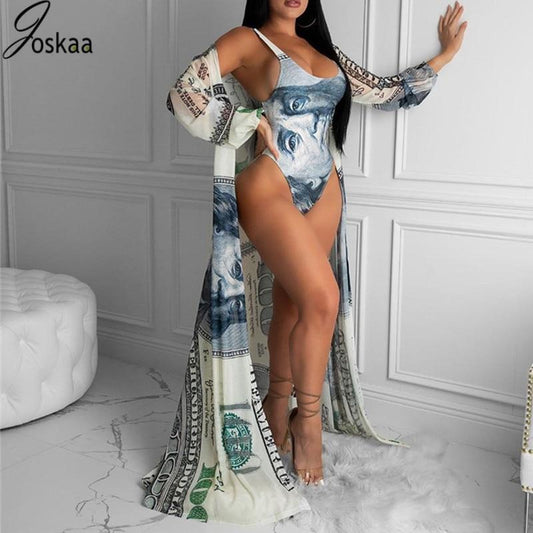 Maroon Ourea Women's Clothing Joskaa Money Print Beach Wear Swimming Suit for Women
