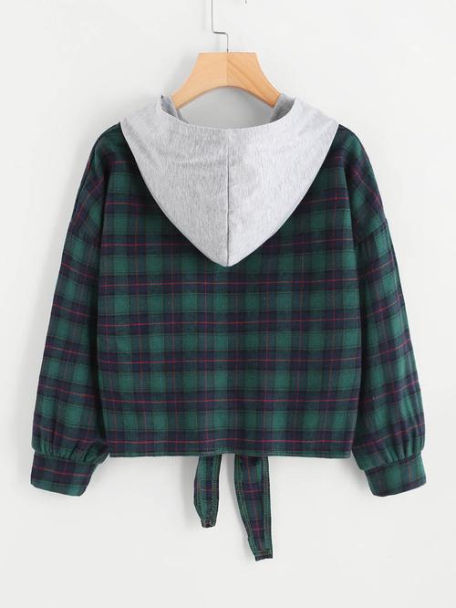 Celeste Women's Clothing Knot Front Checked Hoodie Sweatshirt