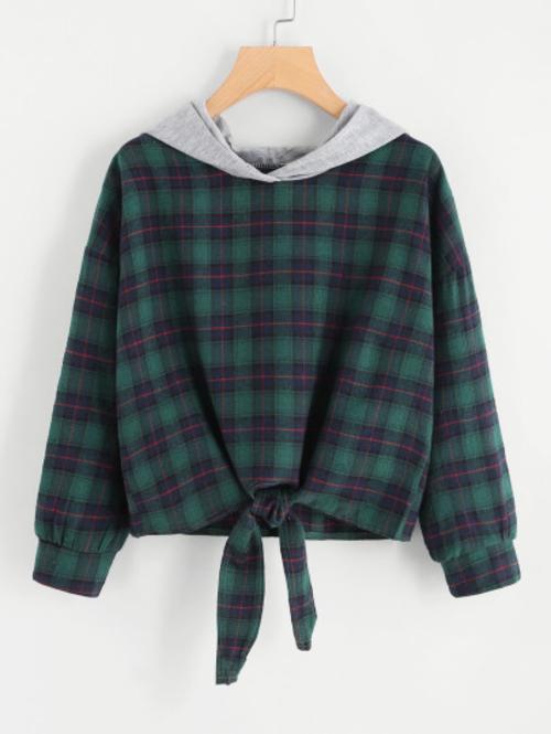 Celeste Women's Clothing Knot Front Checked Hoodie Sweatshirt