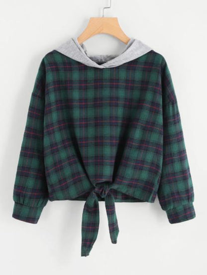 Celeste Women's Clothing Knot Front Checked Hoodie Sweatshirt