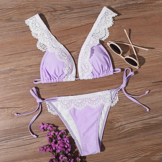 Angela Women's Clothing L / Purple Lace Trim Triangle Tie Side Bikini Swimsuit