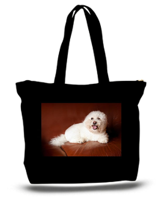 Red Europa Home Decor Large  Tote Grocery & Stuff Bag A Bichon Frise Dog Sitting On Brown