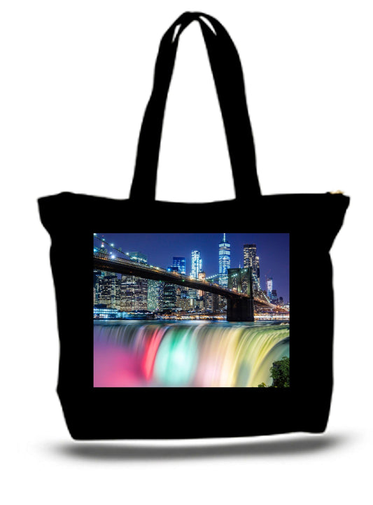 Red Europa Home Decor Large  Tote Grocery & Stuff Bag Fantasy Art Brooklyn Bridge Rainbow