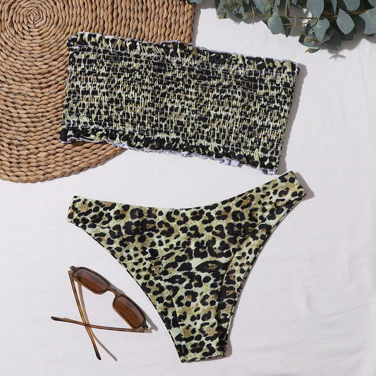 Angela Women's Clothing Leopard Smocked Bikini Swimsuit