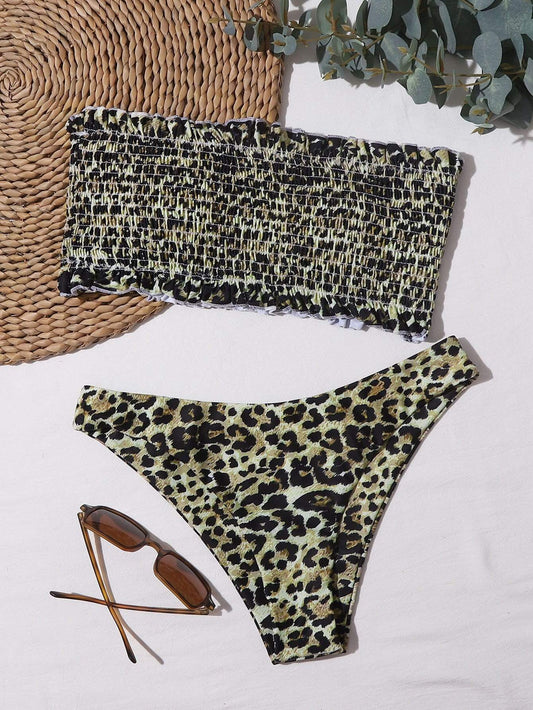 Angela Women's Clothing Leopard Smocked Bikini Swimsuit