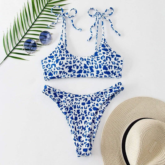 Angela Women's Clothing S / Blue and White Leopard Tie Shoulder Bikini Swimsuit
