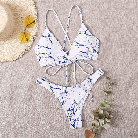 Angela Women's Clothing L / Multicolor Marble Pattern High Cut Bikini Swimsuit