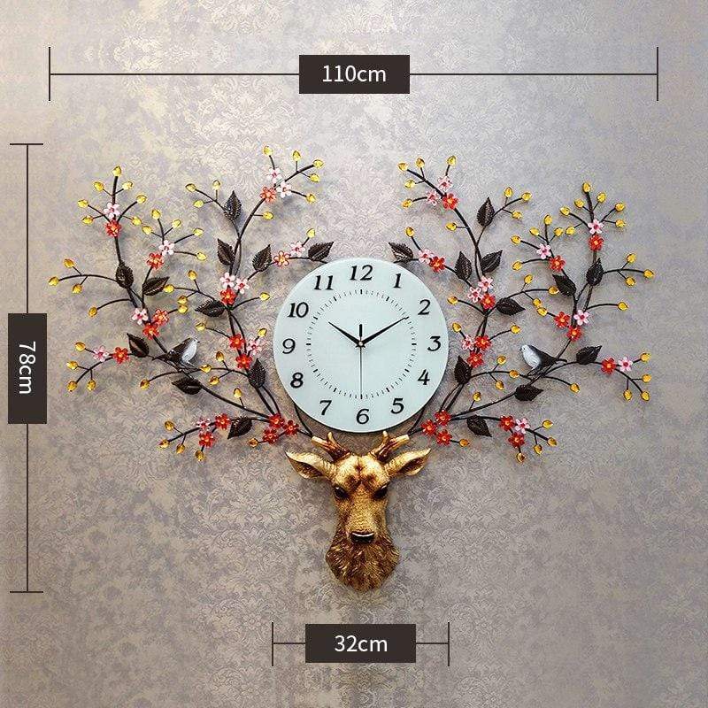 samauk E Pastoral Style Metal Deer Head Flower Large Clock Home Art Decoration Statue Crafts Needle Mute Quartz Wall Watch Clocks Gifts