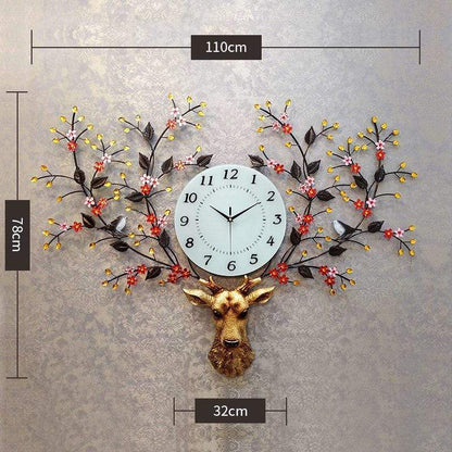 samauk E Pastoral Style Metal Deer Head Flower Large Clock Home Art Decoration Statue Crafts Needle Mute Quartz Wall Watch Clocks Gifts