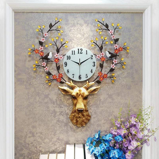 samauk Pastoral Style Metal Deer Head Flower Large Clock Home Art Decoration Statue Crafts Needle Mute Quartz Wall Watch Clocks Gifts