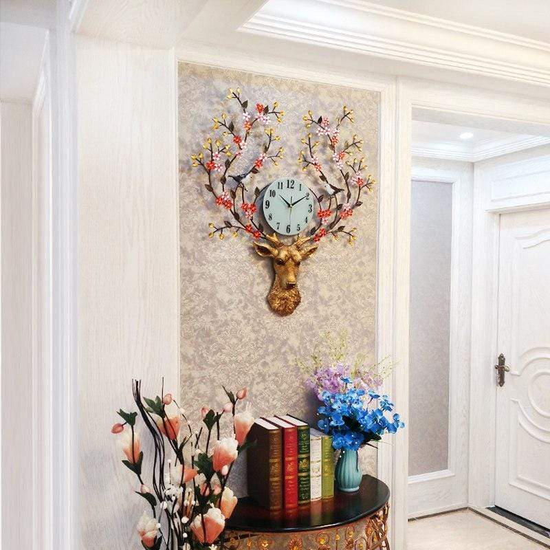 samauk Pastoral Style Metal Deer Head Flower Large Clock Home Art Decoration Statue Crafts Needle Mute Quartz Wall Watch Clocks Gifts