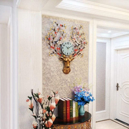 samauk Pastoral Style Metal Deer Head Flower Large Clock Home Art Decoration Statue Crafts Needle Mute Quartz Wall Watch Clocks Gifts