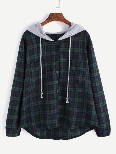 Celeste Sweaters & Hoodies Plaid Button Pocket Sweatshirt With Contrast Hood