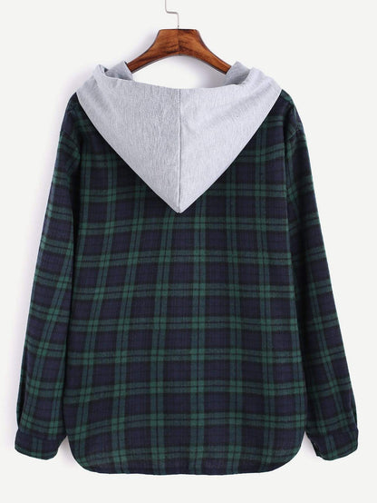 Celeste Sweaters & Hoodies Plaid Button Pocket Sweatshirt With Contrast Hood