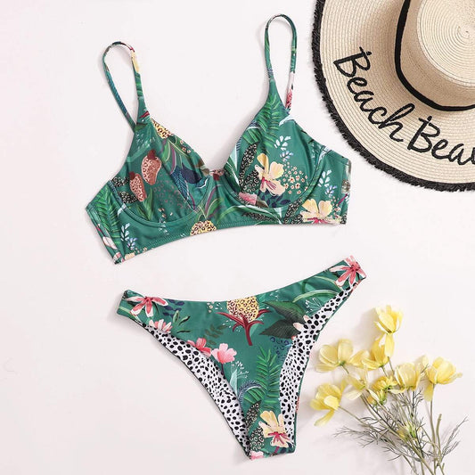 Angela Women's Clothing S / Green Plant Print Underwire Bikini Swimsuit