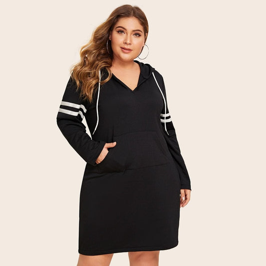 Celeste Women's Clothing Plus Striped Tape Drawstring Hoodie Dress Without