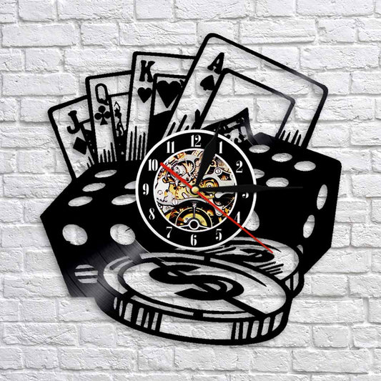 hansleii Poker Stars Card Wall Clocks Vinyl Record Wall Clock with LED Blacklight Creative 3D Decorative Hanging Black Watch Home Decor