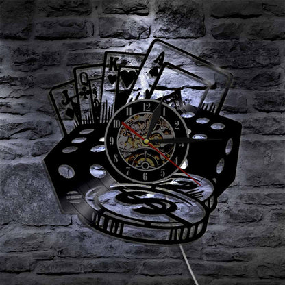 hansleii Poker Stars Card Wall Clocks Vinyl Record Wall Clock with LED Blacklight Creative 3D Decorative Hanging Black Watch Home Decor