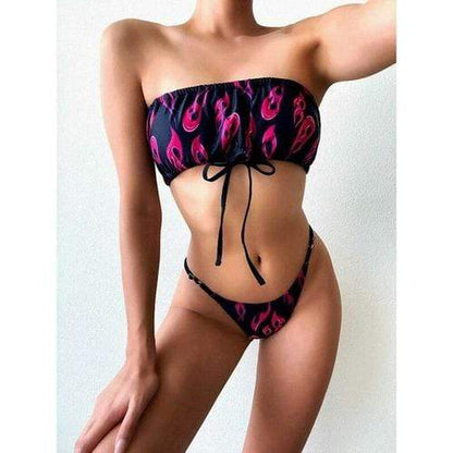 Silver Sam Swimwear L / Hot Pink Print Bikini Set Flame Drawstring Push up Beachwear