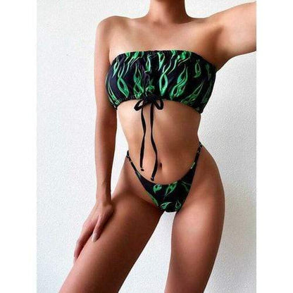 Silver Sam Swimwear L / Green Print Bikini Set Flame Drawstring Push up Beachwear