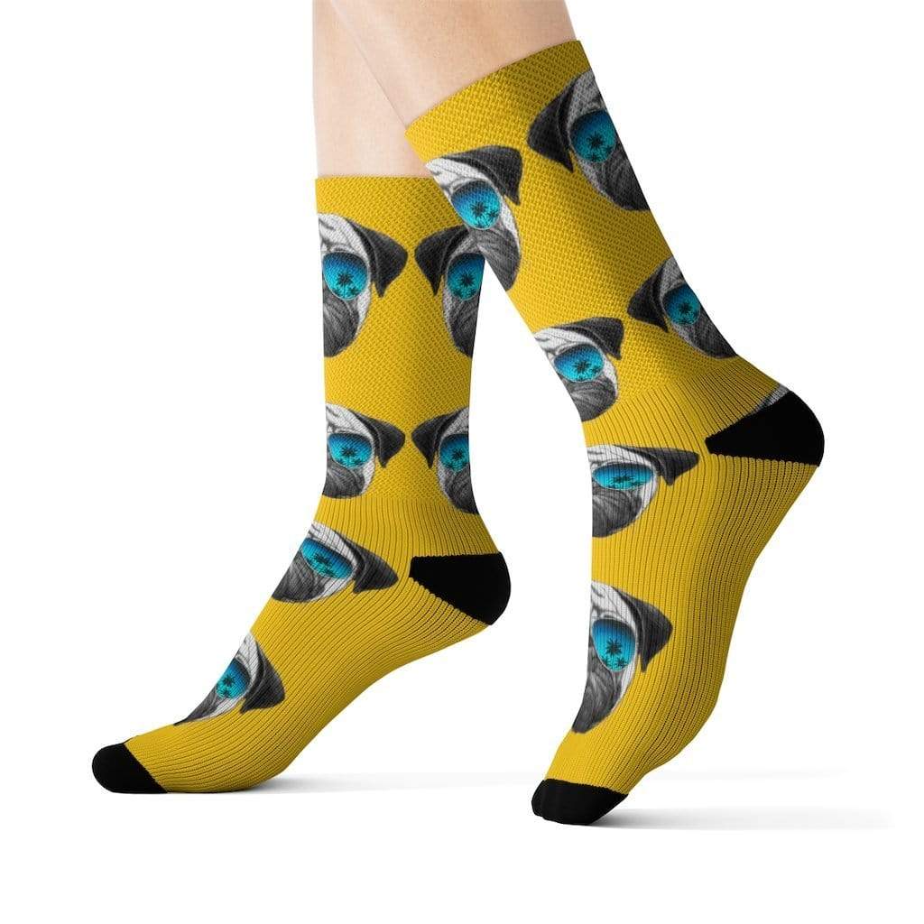 Yellow Pandora Socks Pug in Sunglasses Fun Novelty Socks