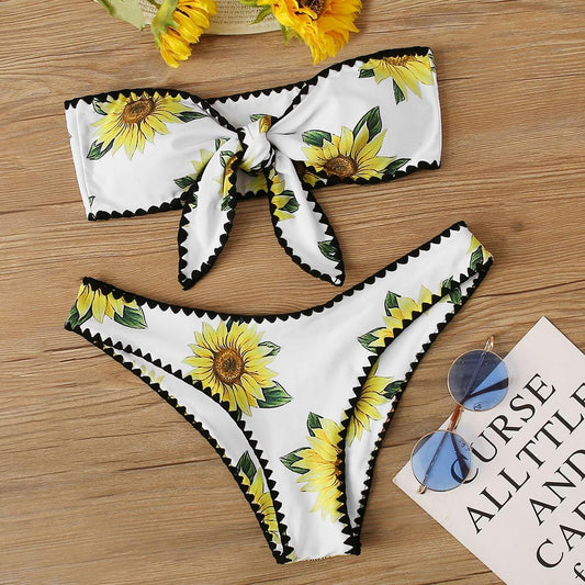 Angela Women's Clothing L / Multicolor Random Sunflower Tie Front High Cut Bikini Swimsuit