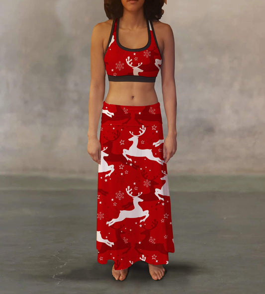 Orange Poppy Women's Clothing Red White Reindeer Maxi Skirt