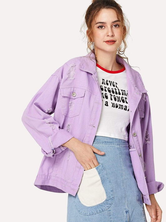 Celeste Jackets & Coats Ripped Drop Shoulder Denim Jacket