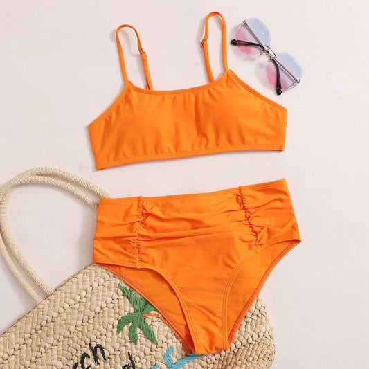Angela Women's Clothing S / Orange Ruched High Waisted Bikini Swimsuit