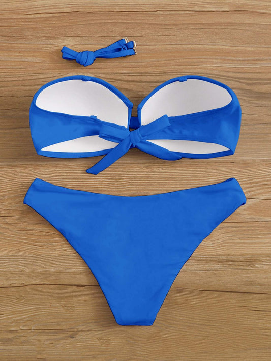 Celeste Women's Clothing Ruched Knot Back Bandeau Bikini Swimsuit