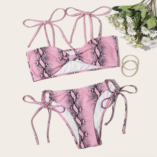 Angela Women's Clothing M / Pink Snakeskin Knot Tie Side Bikini Swimsuit