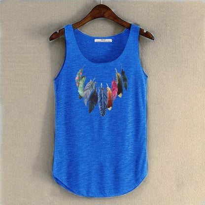 hansleii Dark blue / One Size Spring Summer New Tank Tops Women Sleeveless Round Neck Loose Tees 2018 Ladies Colored Feathers Printing T Shirt Vest Singlets