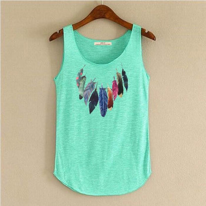 hansleii blue green / One Size Spring Summer New Tank Tops Women Sleeveless Round Neck Loose Tees 2018 Ladies Colored Feathers Printing T Shirt Vest Singlets
