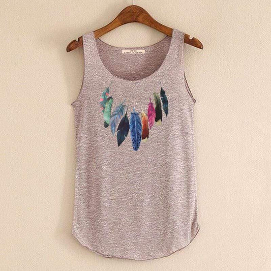 hansleii Spring Summer New Tank Tops Women Sleeveless Round Neck Loose Tees 2018 Ladies Colored Feathers Printing T Shirt Vest Singlets
