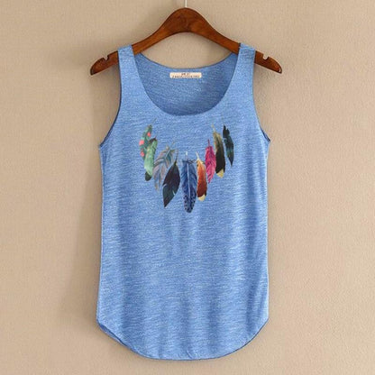 hansleii Spring Summer New Tank Tops Women Sleeveless Round Neck Loose Tees 2018 Ladies Colored Feathers Printing T Shirt Vest Singlets
