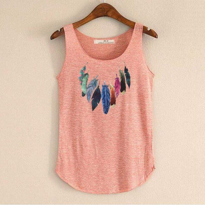 hansleii Spring Summer New Tank Tops Women Sleeveless Round Neck Loose Tees 2018 Ladies Colored Feathers Printing T Shirt Vest Singlets