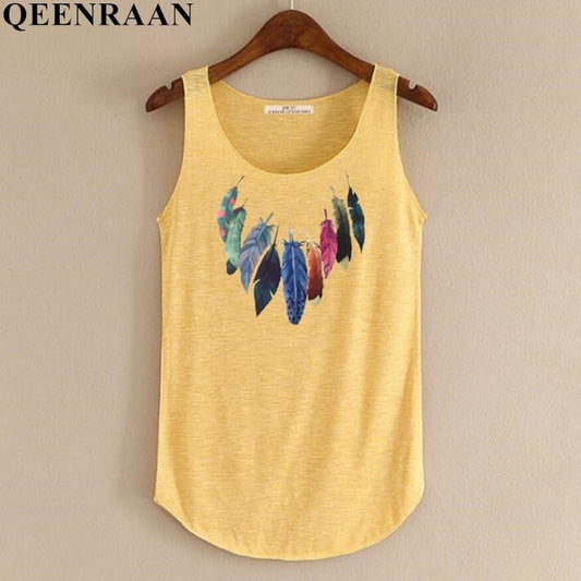 hansleii Spring Summer New Tank Tops Women Sleeveless Round Neck Loose Tees 2018 Ladies Colored Feathers Printing T Shirt Vest Singlets