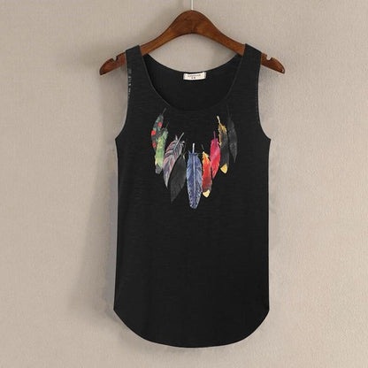 hansleii Black / One Size Spring Summer New Tank Tops Women Sleeveless Round Neck Loose Tees 2018 Ladies Colored Feathers Printing T Shirt Vest Singlets