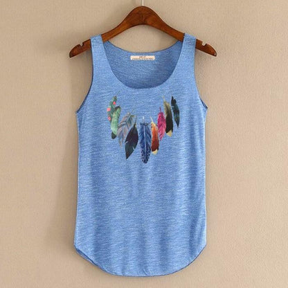hansleii Blue / One Size Spring Summer New Tank Tops Women Sleeveless Round Neck Loose Tees 2018 Ladies Colored Feathers Printing T Shirt Vest Singlets