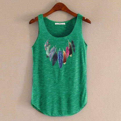 hansleii Dark green / One Size Spring Summer New Tank Tops Women Sleeveless Round Neck Loose Tees 2018 Ladies Colored Feathers Printing T Shirt Vest Singlets